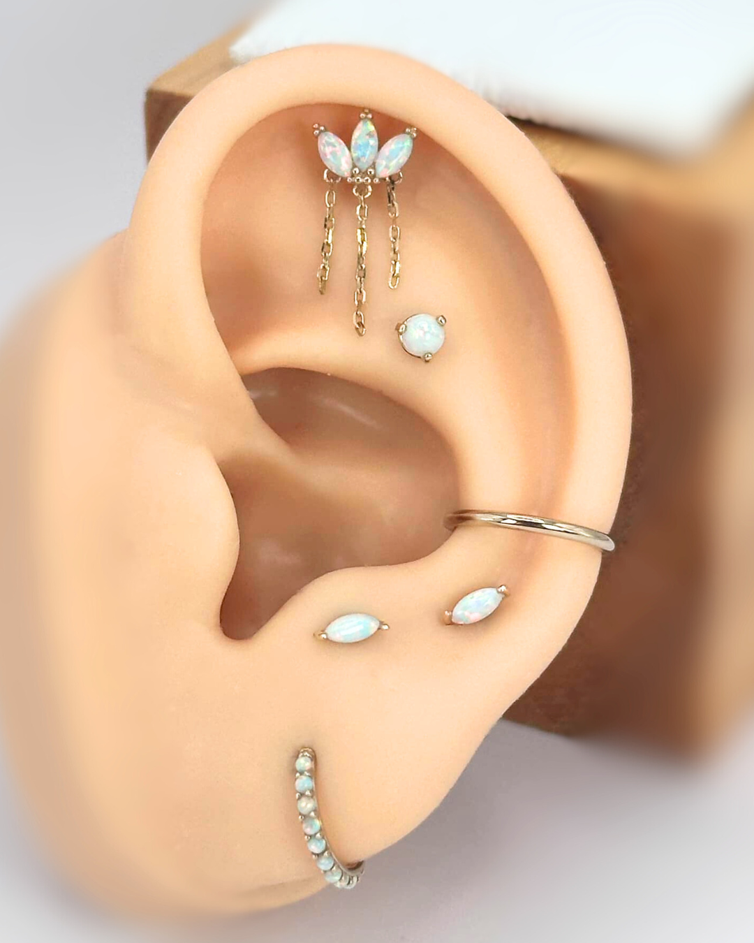 14K Gold Marquis Opal Chain Dangle Threadless Top