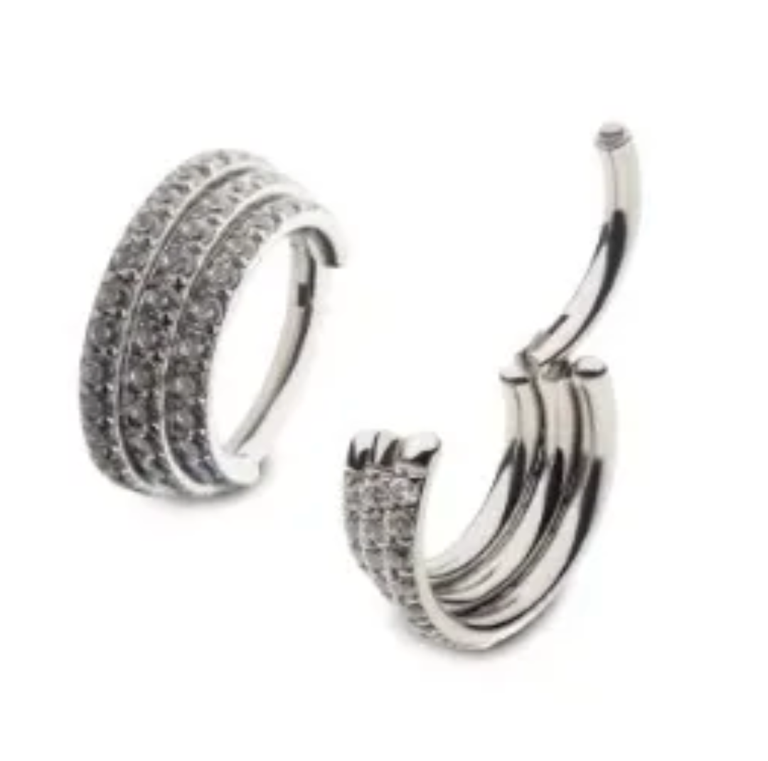 Triple Stack Gemstone Paved Hinged Hoop 16G