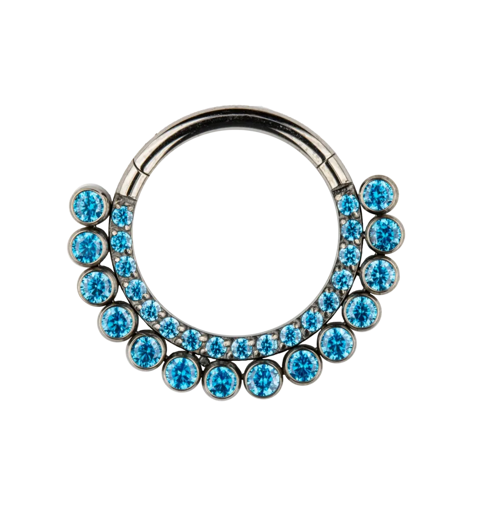 F-136 Titanium Blue Aqua Double Paved Gemstone Hinged Hoop 16G