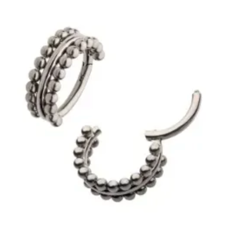 Titanium Double Beaded Stacked Hinged Hoop 16G