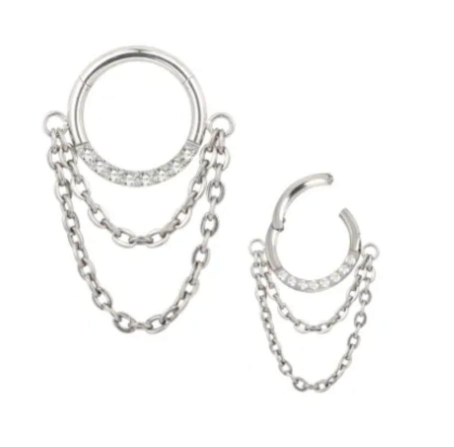 F-136 Titanium Gem-Paved Double Chain Dangle Hinged Hoop 16G