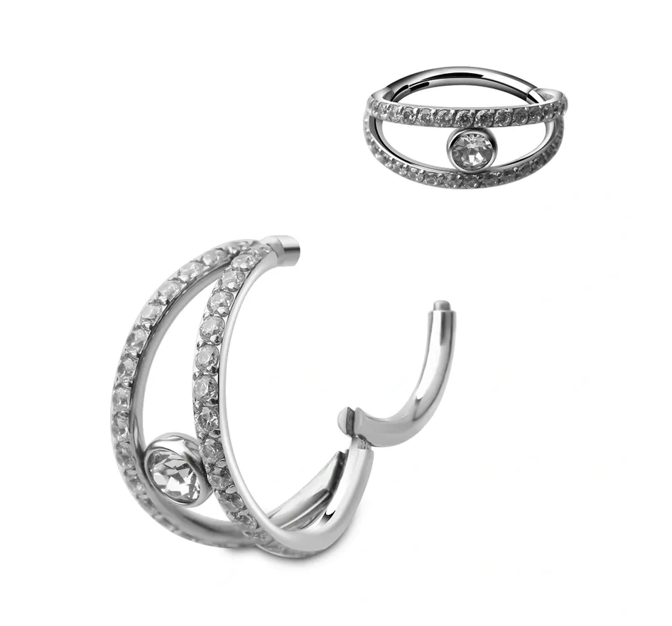 F-136 Titanium Gemstone Paved Wedding Ring Hinged Hoop 16G