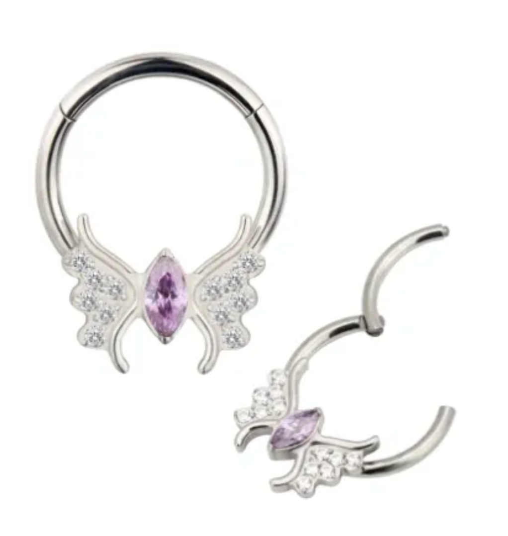 F-136 Titanium Butterfly Gemstone Hinged Hoop 16G