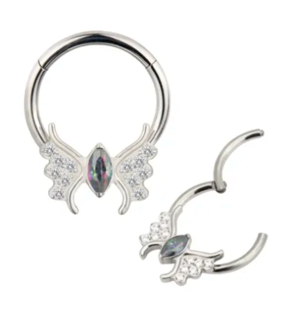 F-136 Titanium Butterfly Gemstone Hinged Hoop 16G