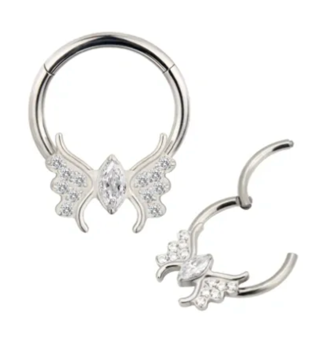 F-136 Titanium Butterfly Gemstone Hinged Hoop 16G