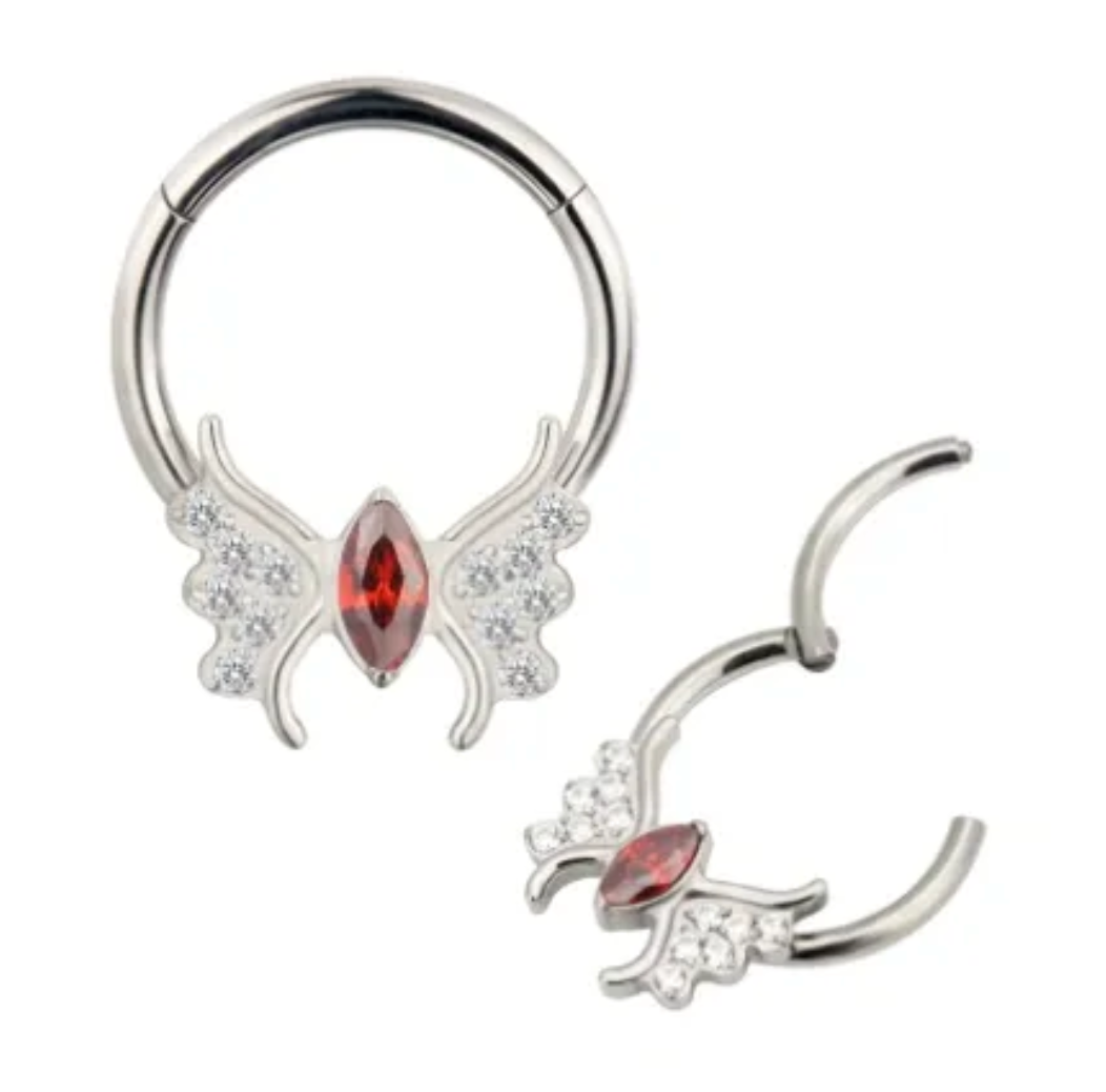 F-136 Titanium Butterfly Gemstone Hinged Hoop 16G