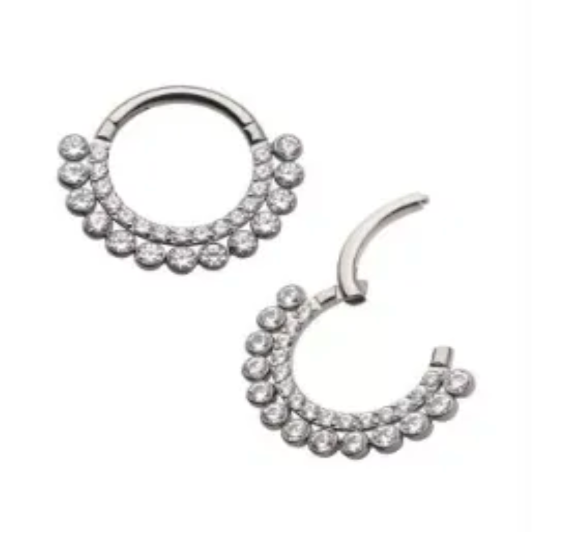 Titanium Double Row Gemstone Cluster Hinged Hoop 16G