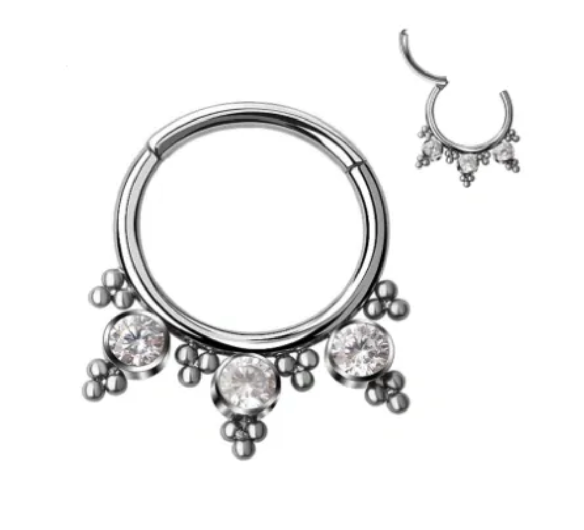 Titanium Triple Gemstone Beaded Hinged Hoop 16G
