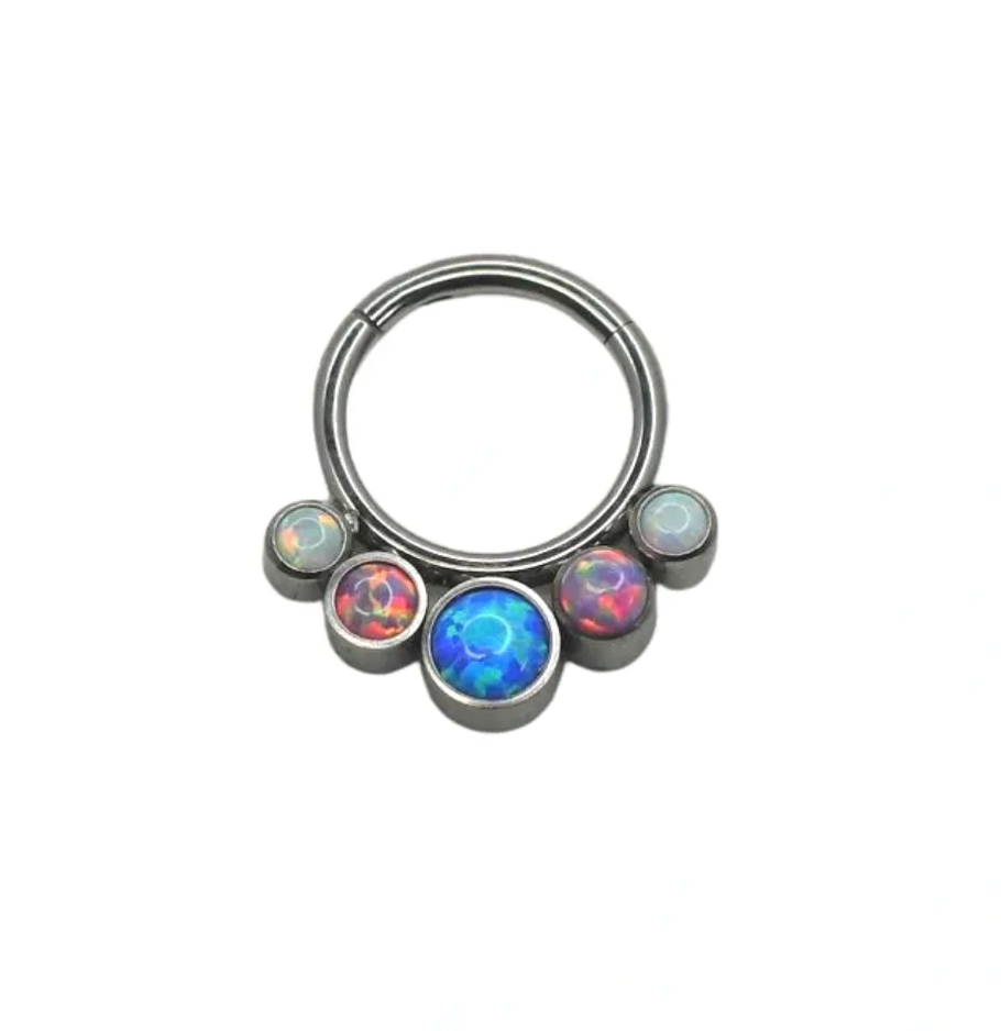 F-136 Titanium White, Pink and Blue Opal Bezel 16g 5/16" Hinged Hoop