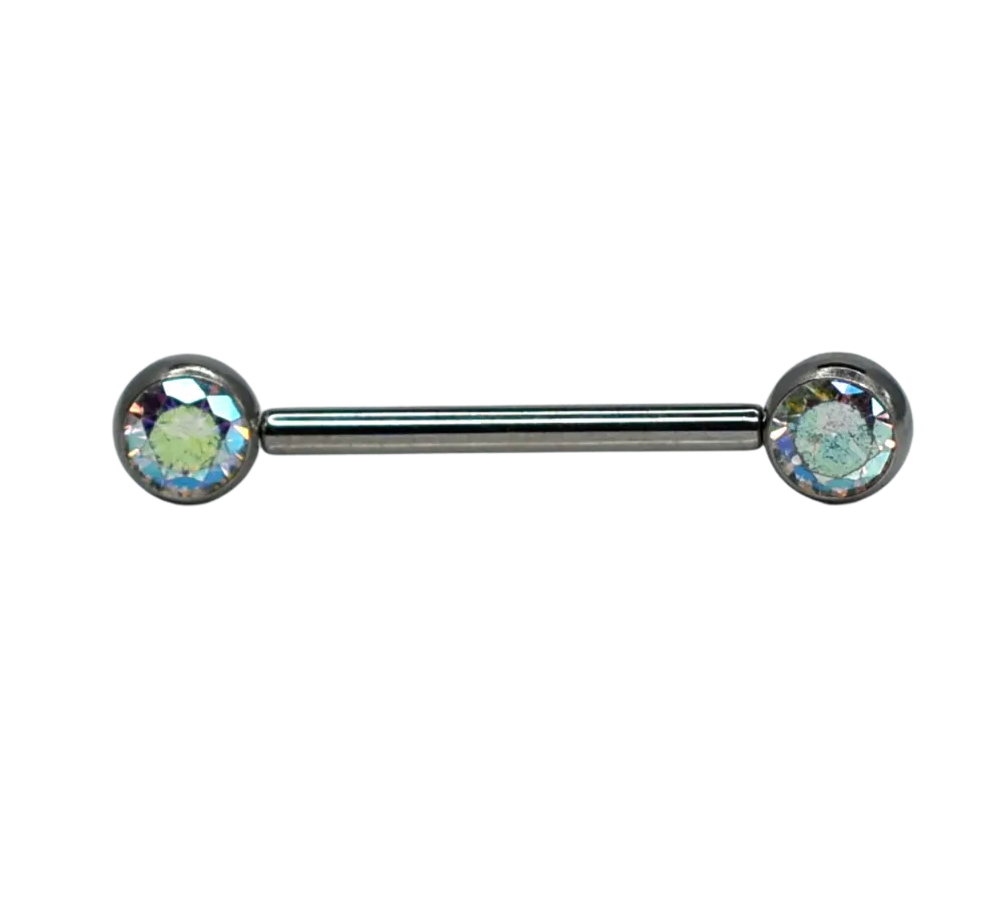 F-136 Titanium Threadless Nipple Straight Barbell Set Iridescent CZ Bezel