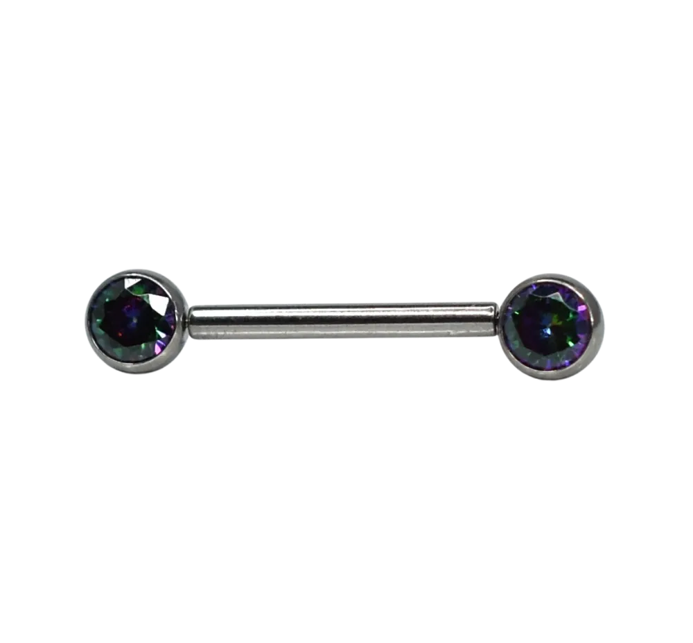 F-136 Titanium Threadless Nipple Straight Barbell Set Iridescent CZ Bezel
