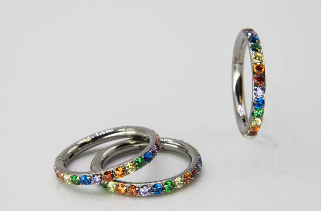 F-136 Titanium Rainbow Paved Hinged Hoop