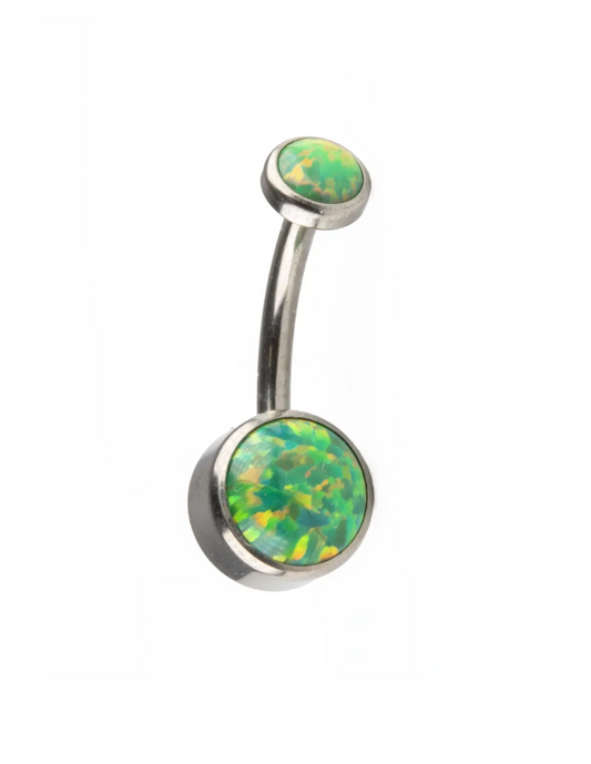 F-136 Titanium Green Opal Flat Bezel Internally Threaded Curved Barbell 14G