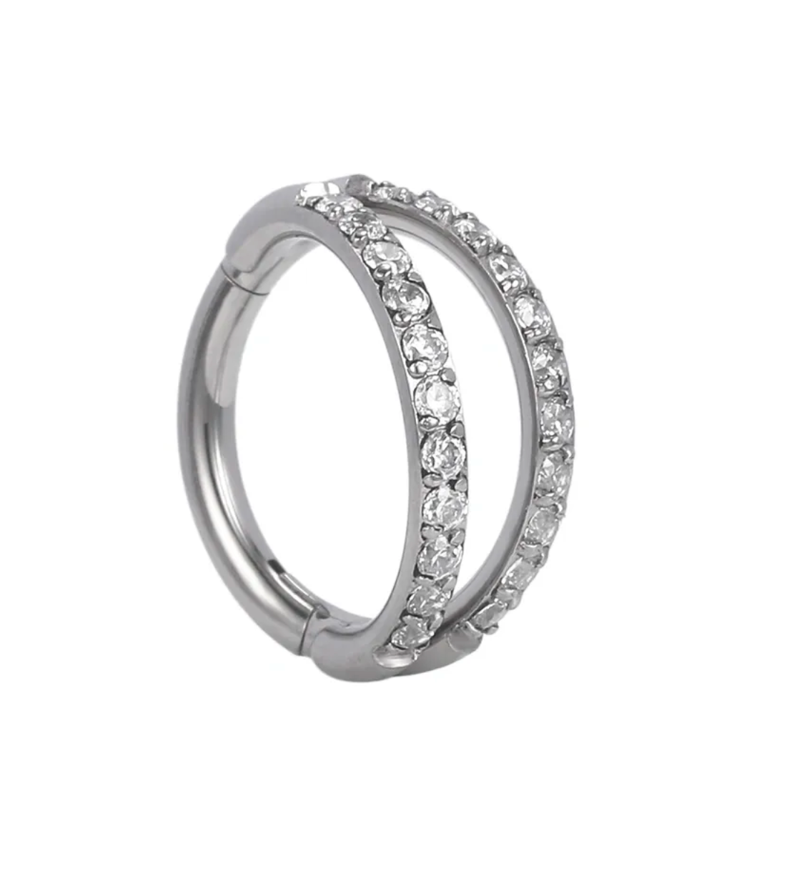 F-136 Titanium Double Ring CZ Side Paved Hinged Hoop 16G