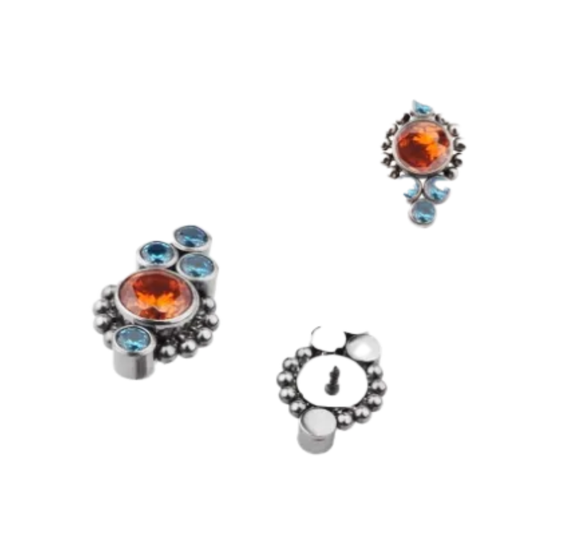 F-136 Titanium Chandelier Orange Blue Gemstone Internally Threaded 16G