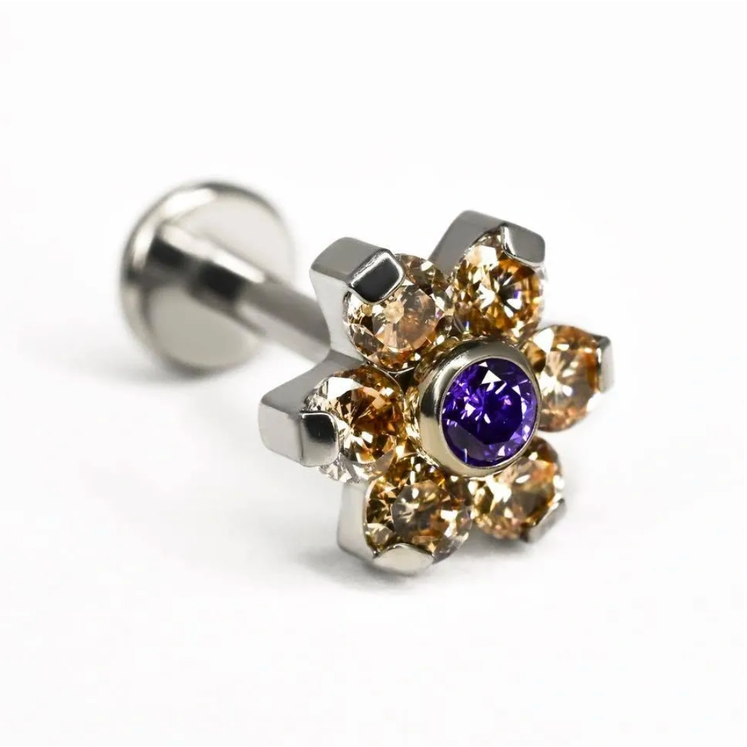 F-136 Titanium Amber and Purple CZ Flower Internally Threaded Top 16G