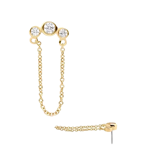 14k Gold Bezel 3pc Clear CZ w/ Chain Dangle Threadless