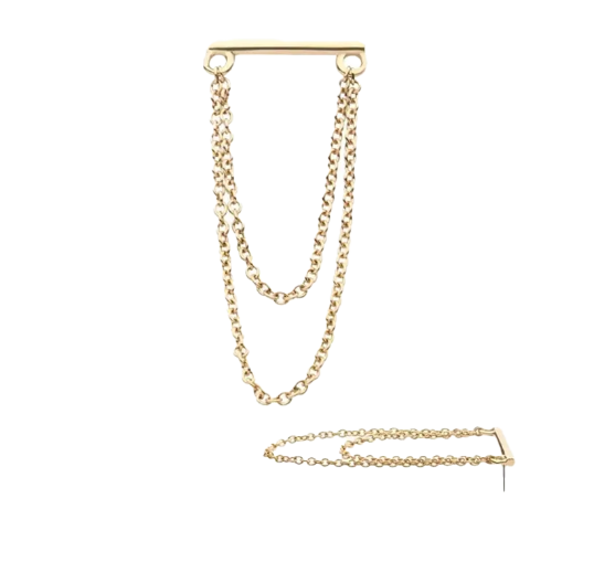 14K Gold Bar Double Chain Dangle Threadless