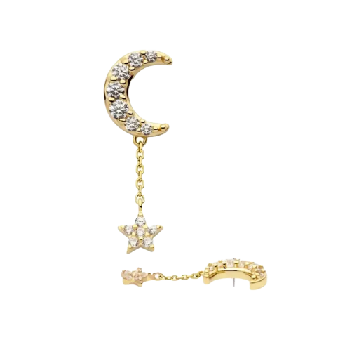 14k Gold Gemstone Crescent Moon Star Dangle Threadless