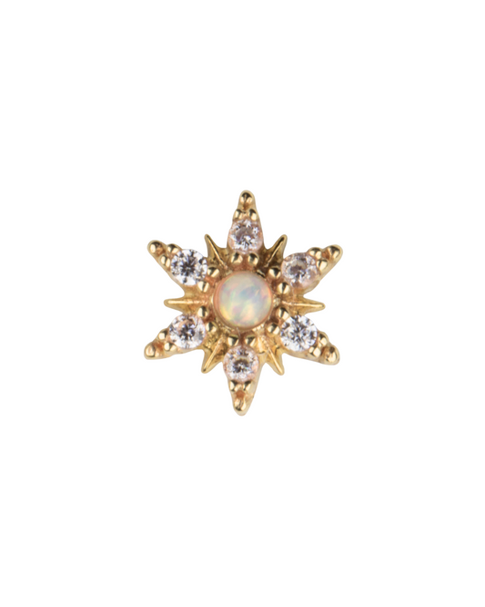 14K Gold Threadless Starburst with a White Opal Center Top